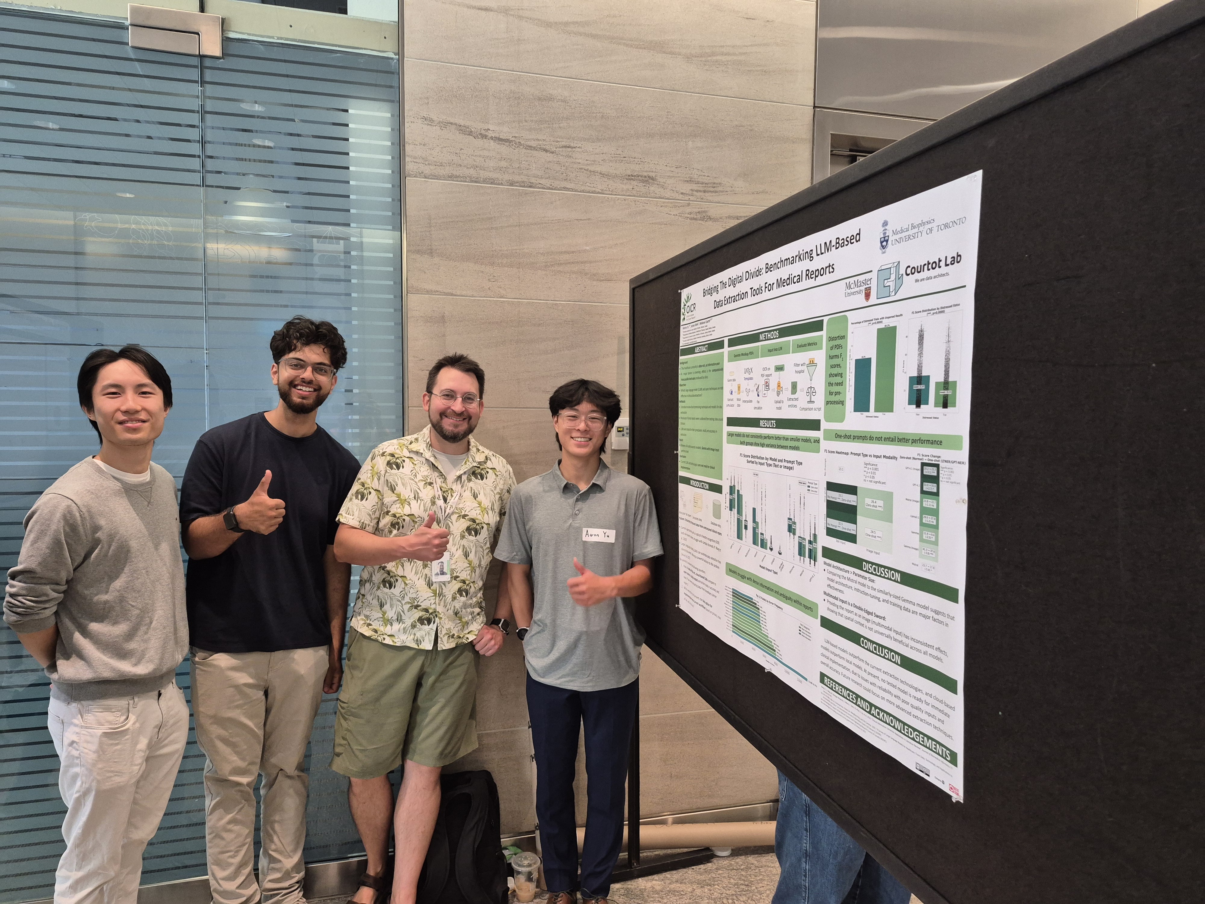 Courtot lab at the MBP summer student poster display. From left to right: Tony Yu, Saqib Ashraf, Jochen Weile and Aaron Yu presenting his award-winning poster.